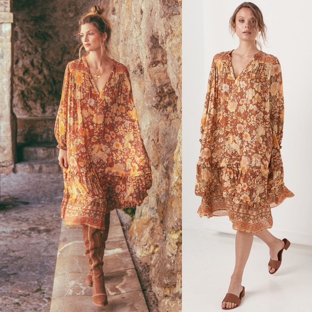 Spell designs Lady Amethyst Amber Boho midi dress gown copper M floral horses - Picture 6 of 16